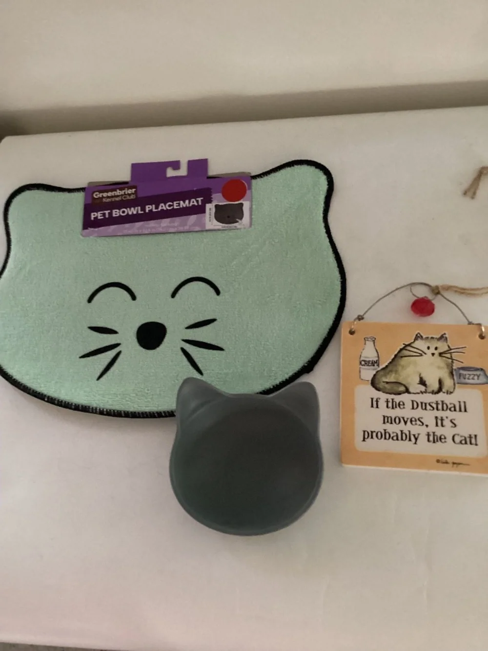 Lot of Kitty Accessories: Placemat, Bowl and Cute Plaque. For Cat Lovers